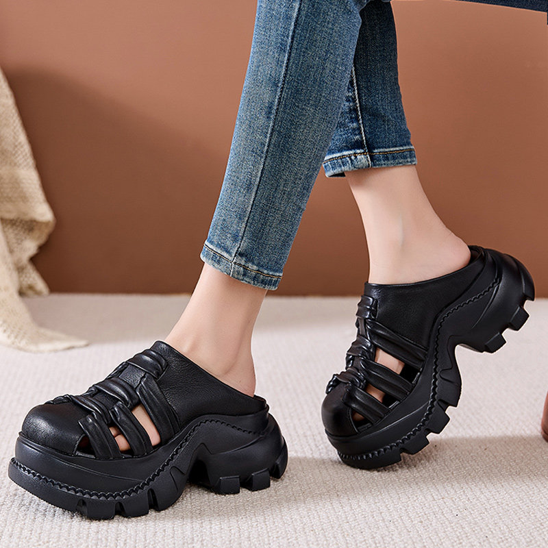 嫔妃丽人夏季外穿高级感松糕厚底凉拖鞋女镂空包头半拖鞋罗马凉鞋