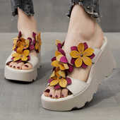 学院波西米亚风真皮沙滩凉鞋 坡跟厚底高跟拖鞋 露趾一字花朵凉拖女