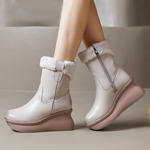 冬季 雪地靴防滑坡跟厚底东北中筒棉靴 头层牛皮女靴保暖加厚绒棉鞋