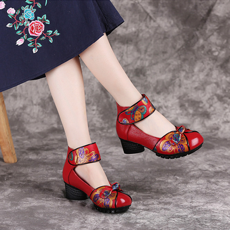 浅口女单鞋复古民族风真皮魔术贴