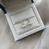 纯18k金三颗钻天然淡水珍珠耳钉耳坠正圆强光耳环送女友诸暨珍珠