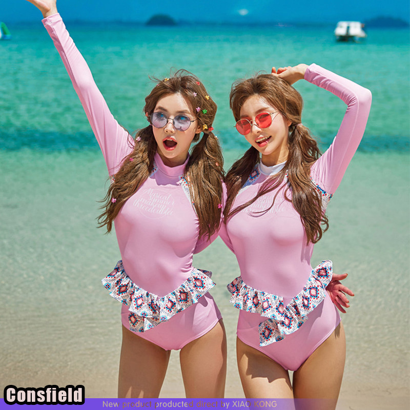 韩国CM自由潜荷叶边长袖连体服连衣裙薄款速干防晒室内保守泳衣女