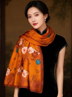 香云龙鳞纹丝巾高档橙色新中式围巾秋冬披肩时尚百搭新款橙意花趣
