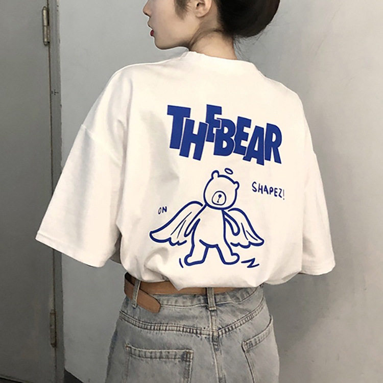 短袖t恤女纯棉夏季学生韩版宽松圆领洋气印花百搭原宿风上衣服