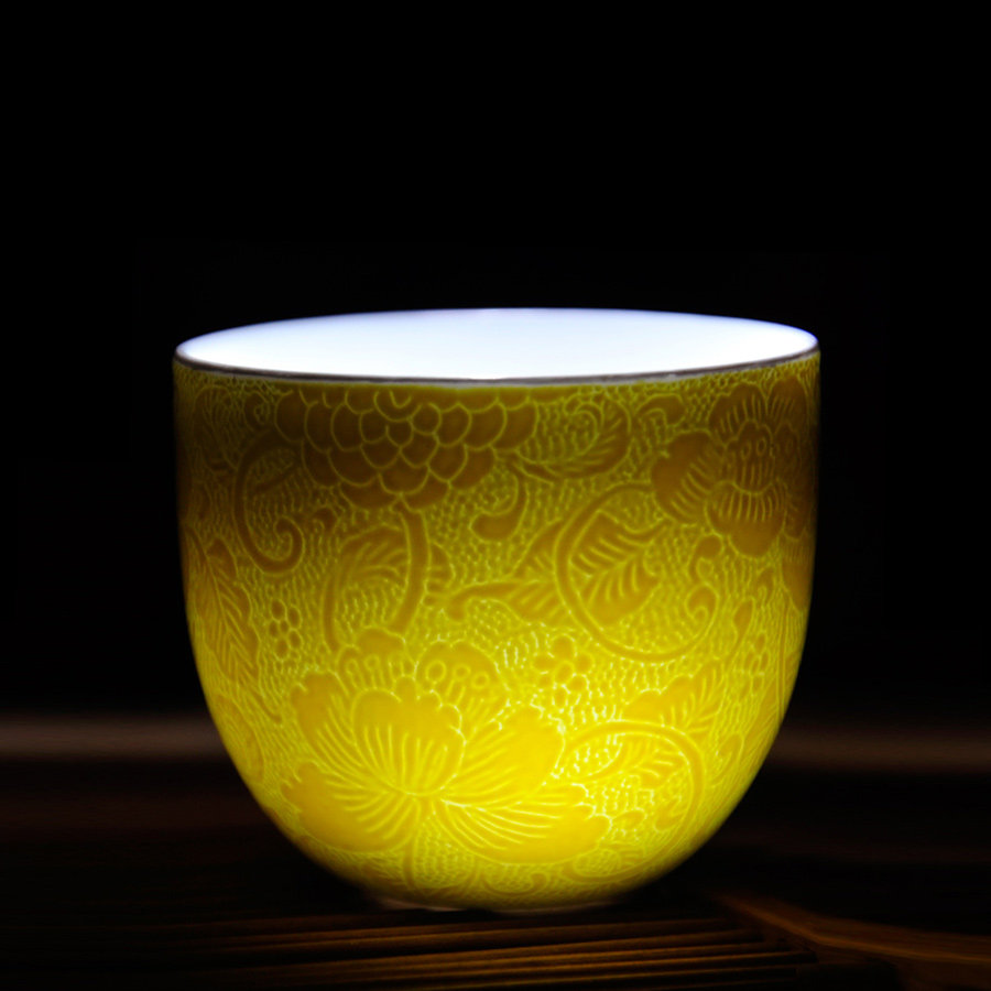 景德镇珠山画院/颜色釉扒花杯 手工陶瓷茶具水杯茶杯酒杯花纹/黄