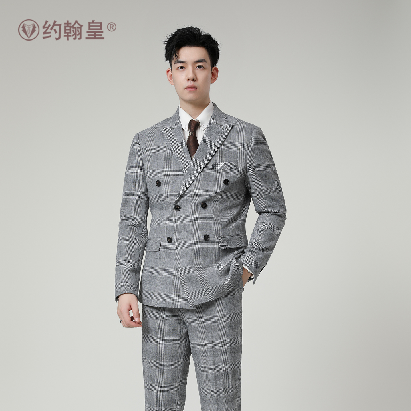 双排扣千鸟格西装套装男商务休闲高档双开衩新郎伴郎正装西服礼服