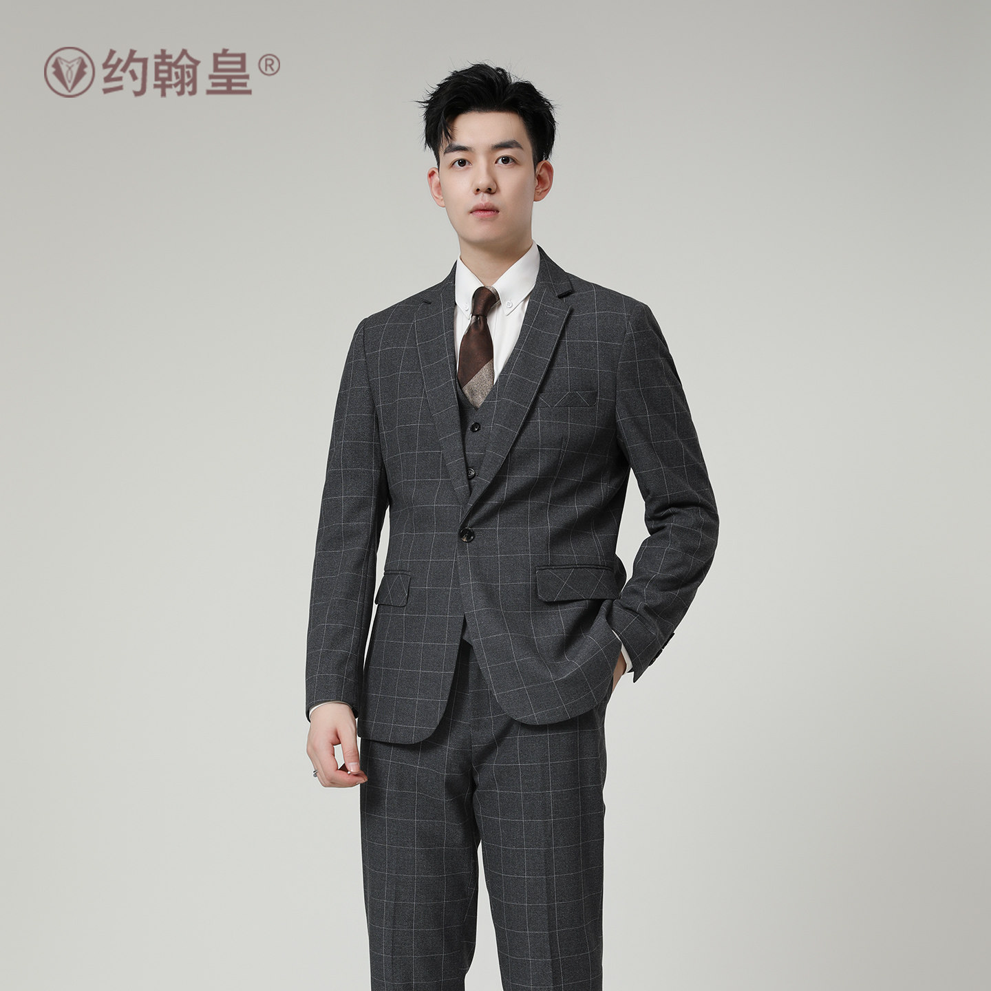 轻熟格子款西装套装男商务休闲男士正装结婚职业高档帅气礼服西服