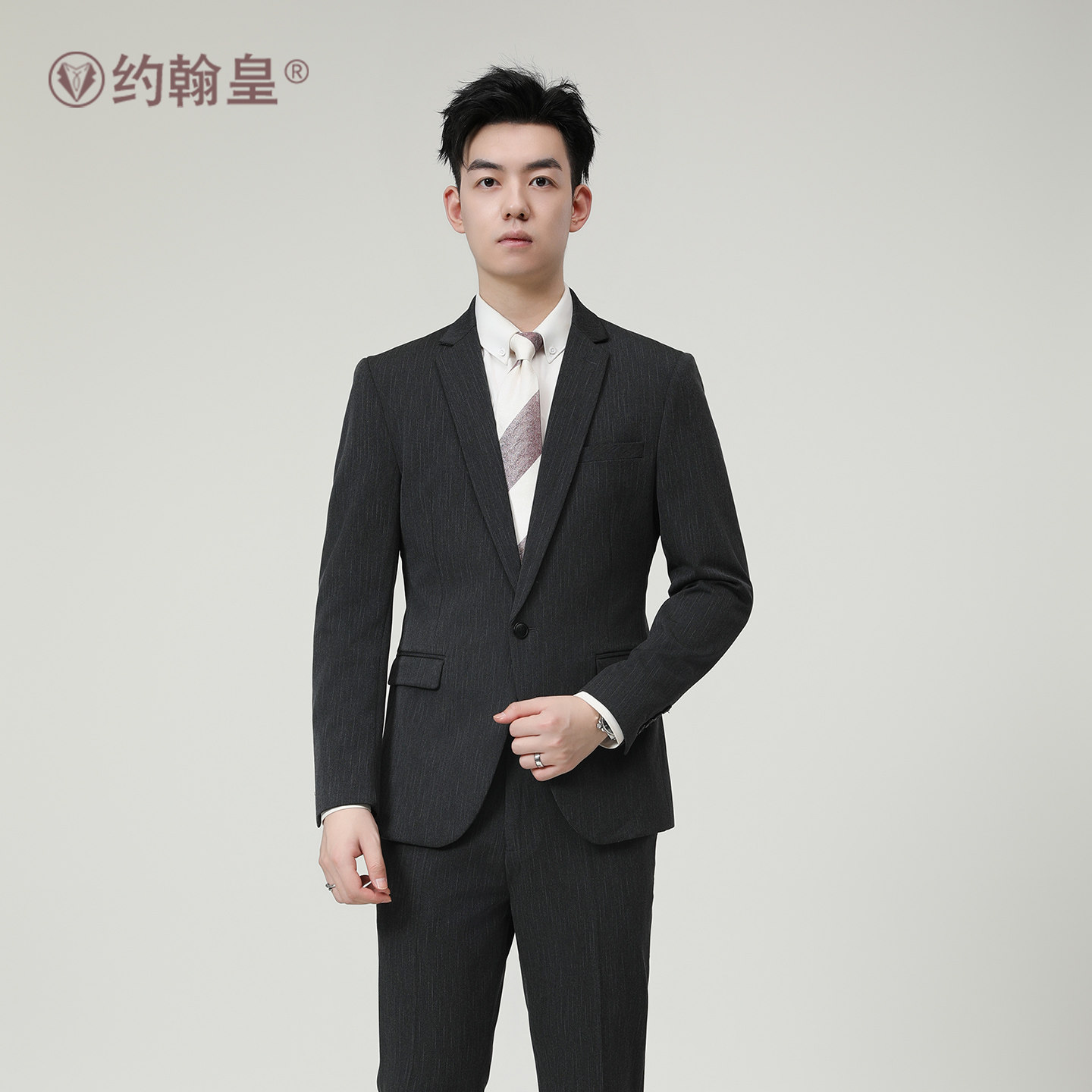 时尚虚线条纹西装套装男修身单排一粒扣男士西服结婚职业正装礼服