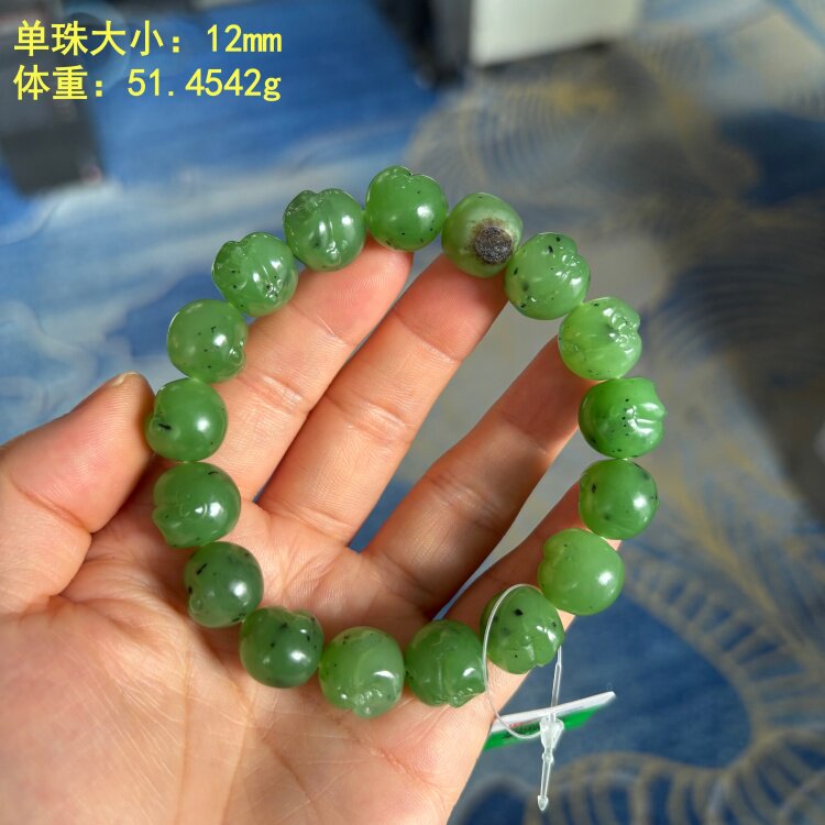 Z12毫米翠阳绿碧玉籽料佛头手链/手串 有原皮 朕&reg;开仓