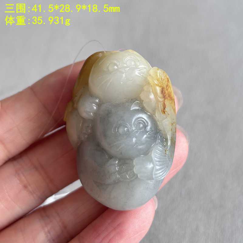 N三色青花籽料富贵有鱼挂件猫咪吊坠有原皮朕&reg;开仓新疆和田玉