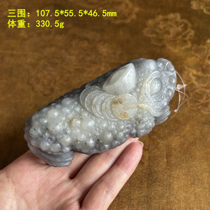 L青花籽料三足金蟾大把件/茶宠/摆件 有原皮朕®开仓新疆和田玉