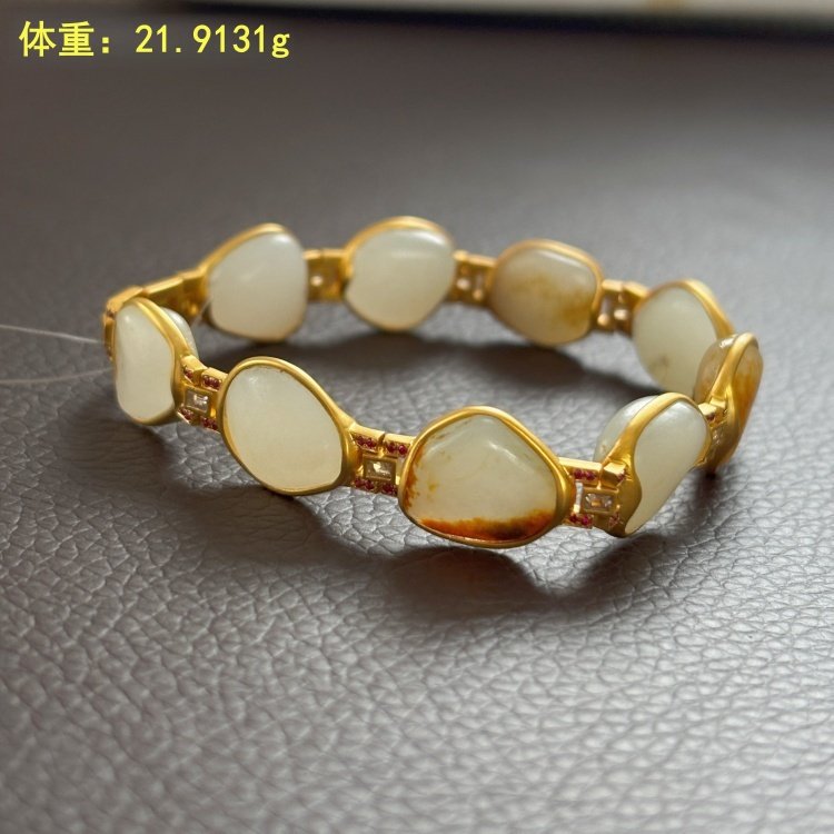 N适合14.5手寸以内~18K金镶白玉籽料原石手串 朕&reg;开仓新疆和田玉