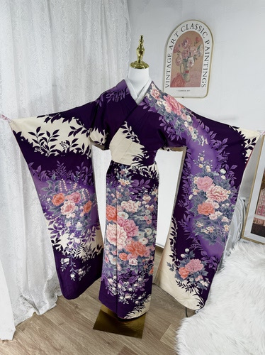 紫色系-日本进口珍藏正统正绢真丝豪华振袖和服中古套装女装特价
