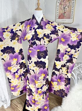 紫色系-日本进口珍藏正统正绢真丝豪华振袖和服中古套装女装特价