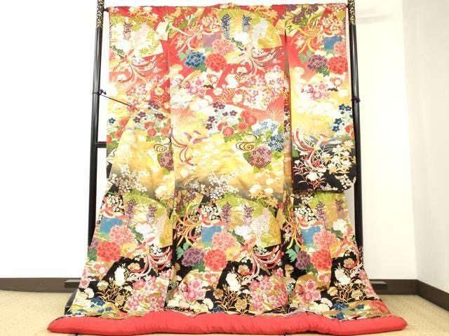 日本进口白无垢色打褂中古正装和服拖地外套正绢阵织刺绣孔雀仙鹤