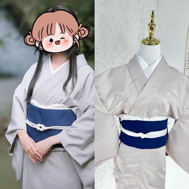 日本浪客剑心雪代巴Cosplay灰色白色和服蓝色太古结定型腰带套装