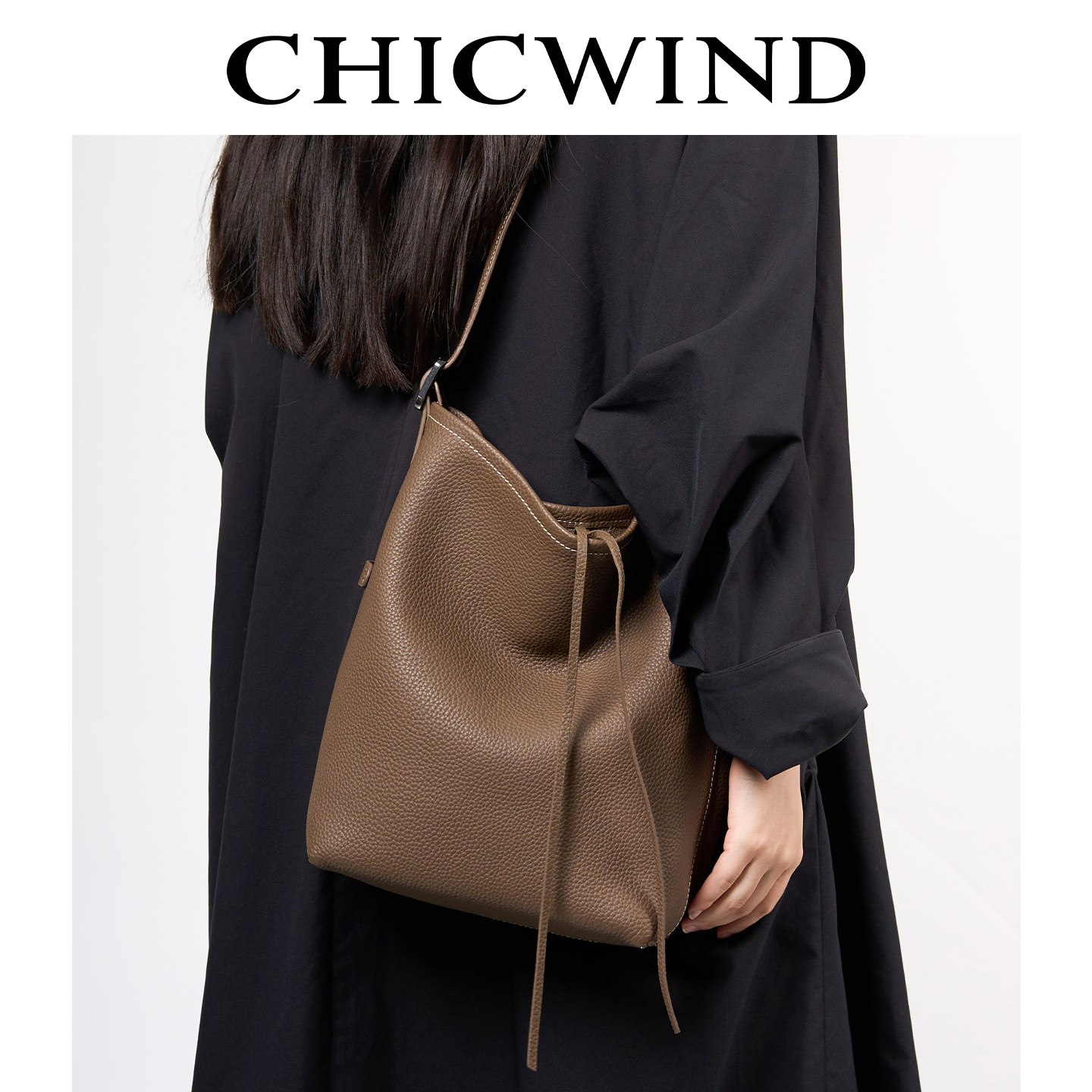 chicwind小众设计真皮水桶包