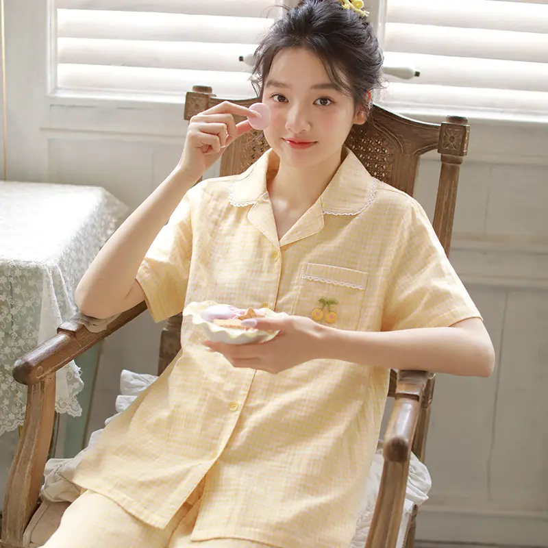 开衫小翻领短袖七分裤裤纯棉休闲甜美风夏季新款可外穿宽松套装