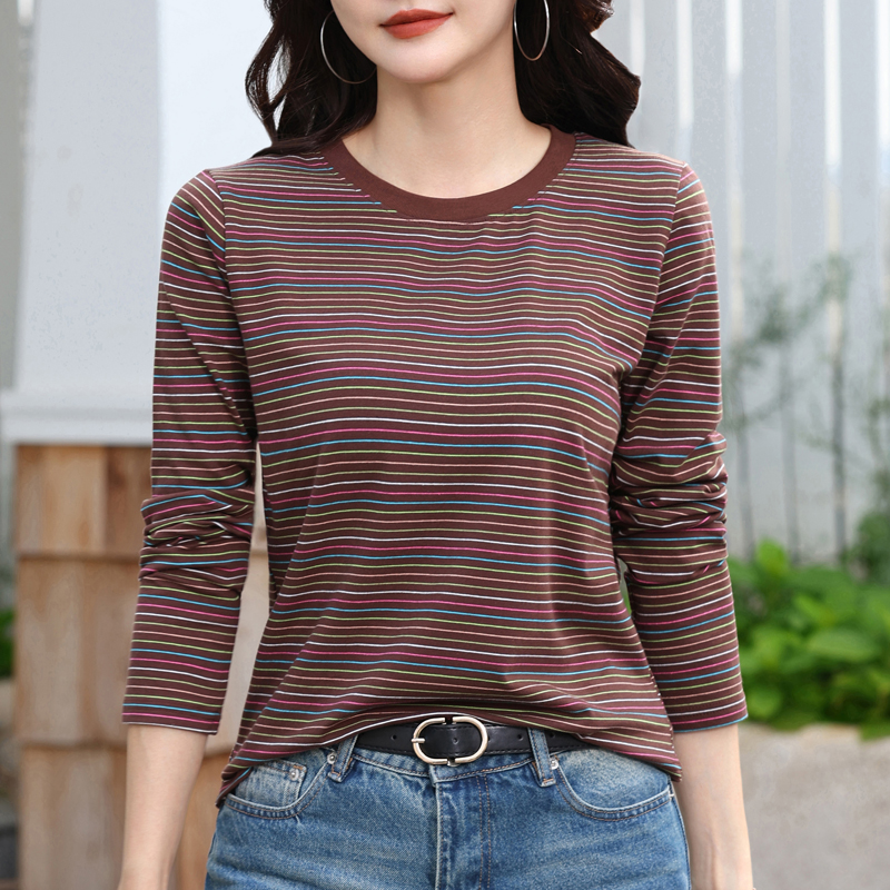 纯棉长袖条纹t恤女妈妈打底衫