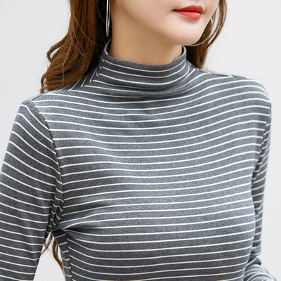 半高领长袖条纹纯棉韩版打底衫