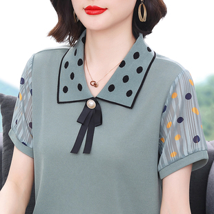 中年妈妈纯棉娃娃领上衣 宽松胖mm遮肚奶奶小衫 翻领短袖 t恤女大码