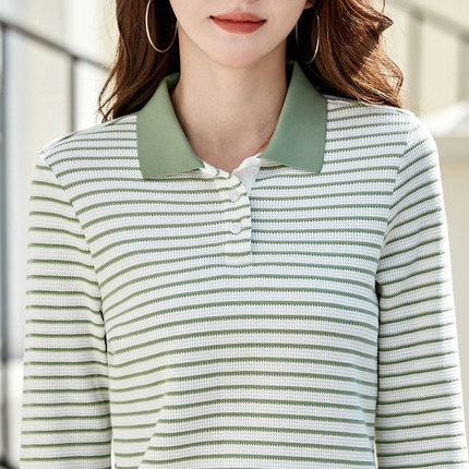 翻领条纹纯棉长袖t恤女大码宽松衬衣POLO领上衣中老年妈妈打底衫