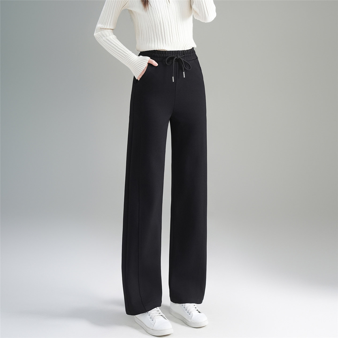 高腰抽绳直筒裤女显瘦垂感休闲裤松紧腰阔腿裤6XL大码宽松长裤女