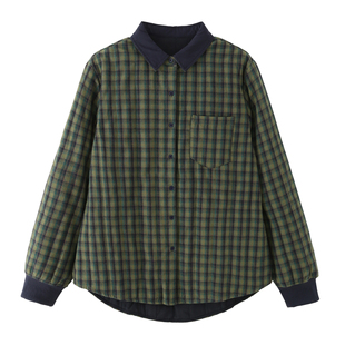 秋冬复古文艺风撞色格纹衬衫 显瘦百搭保暖夹棉棉服外套 女2025短款