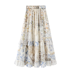 艾格复古度假波西米亚风印花半身裙女2026夏季 伞裙高腰显瘦蛋糕裙