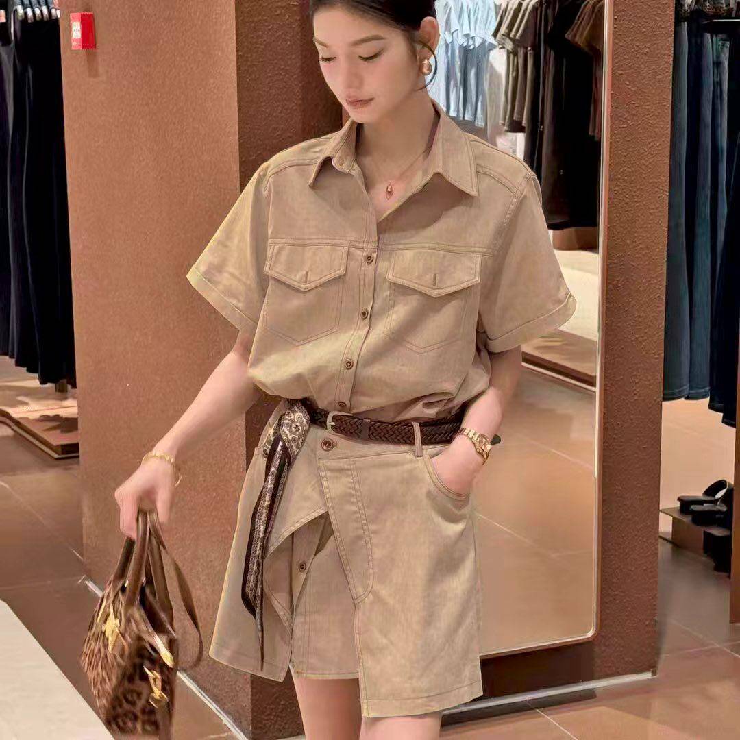 艾格时尚个性套装女夏新款工装风短袖中长款衬衫+半身裙两件套