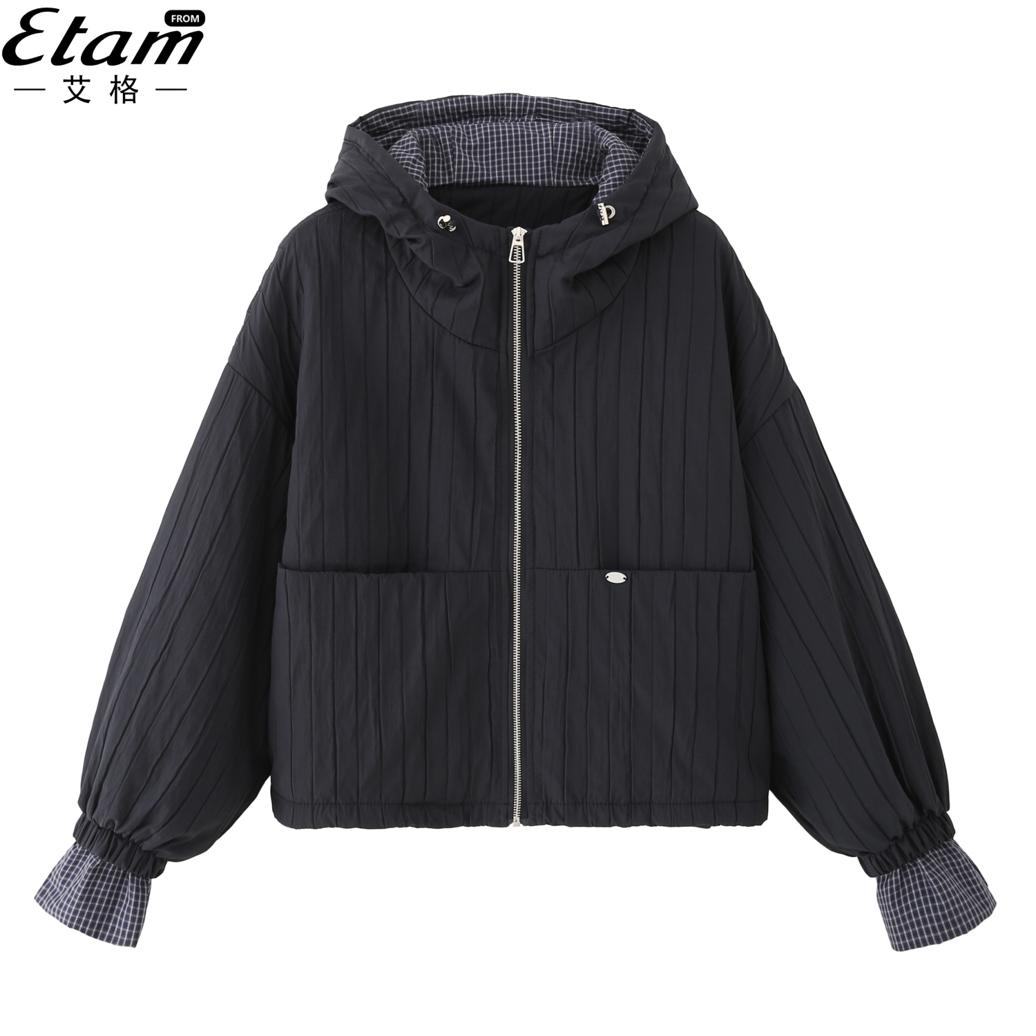 艾格复古连帽压格短外套棉衣