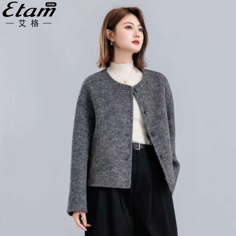 艾格大衣女短款圆领小个子小香风外套2025年秋冬新款双面羊毛呢子,女装/女士精品,毛呢外套,淘宝优惠券,粉丝福利购,淘宝优惠卷
