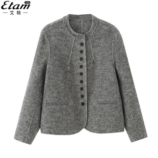 艾格2025秋冬新款 小个子宽松毛呢外套 双面两面穿绵羊毛大衣女短款