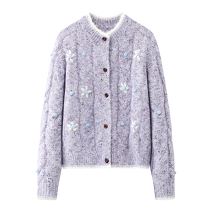 毛衣外套 女毛衣外套上衣秋冬新款 法式 重工花朵刺绣宽松针织开衫