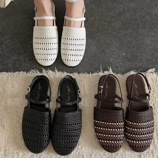 羊皮内里镂空编织平底玛丽珍女鞋