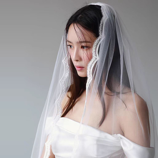 外贸品质珍珠蕾丝头纱新娘婚礼婚纱头纱化妆师造型高级感拖地头纱