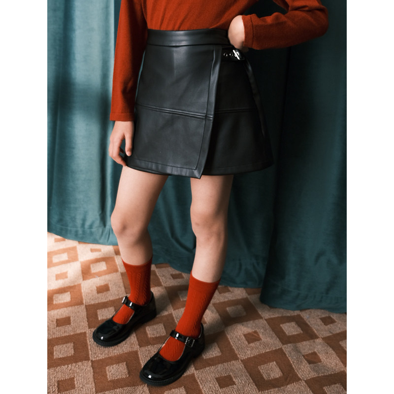 BBW潼家 22FW 女童复古风pu皮裙 中大童女生高腰百搭短裤裙 01/04
