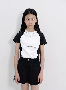 BBW潼家女童夏季短袖T恤中大童拼色修身插肩上衣亲子03/28