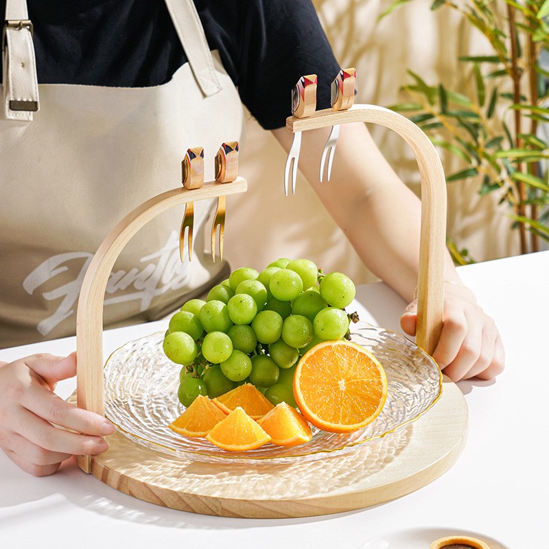 进口高档酒店米其林餐厅木质果盘篮不锈钢果叉套装 高级感甜品甜