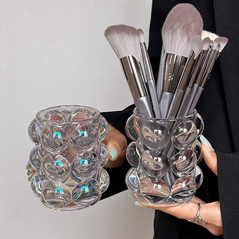 进口韩国ins透明玻璃笔筒异形珠点圆球收纳筒化妆刷筒拍照道具摆