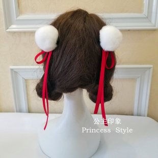 双马尾獭兔毛球古风红色飘带蝴蝶结发夹对夹边夹少女可爱甜美汉服