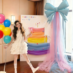 18岁成人礼女孩生日彩色多巴胺场景布置装饰网纱蛋糕KT板拍照道具
