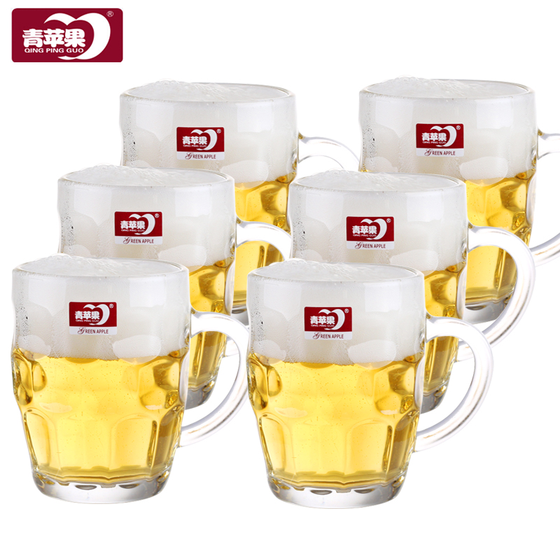 包邮带把啤酒杯扎啤杯玻璃水杯无铅500ML青苹果加厚大菠萝杯6只装