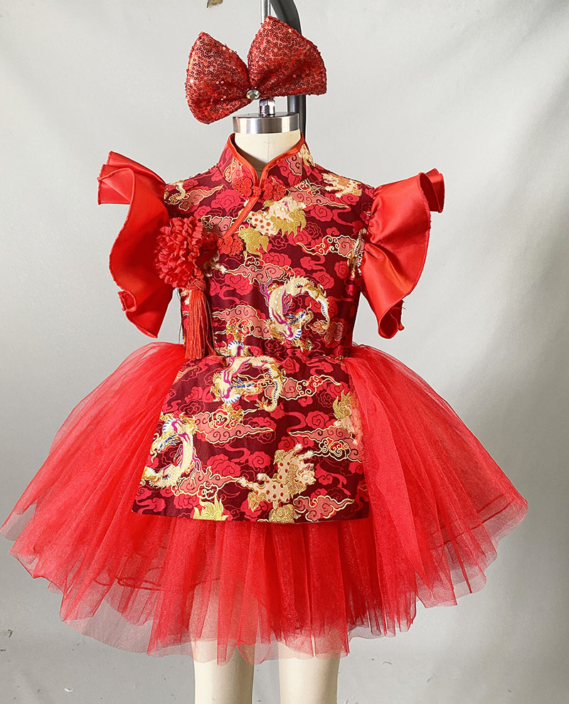 儿童蓬蓬纱裙演出服中国风喜庆大红色表演服幼儿中国风纱裙定制