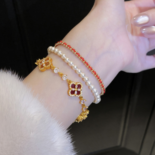 金店同款红色镂空五花四叶草24K黄金色手链本命年编织红绳 强保色