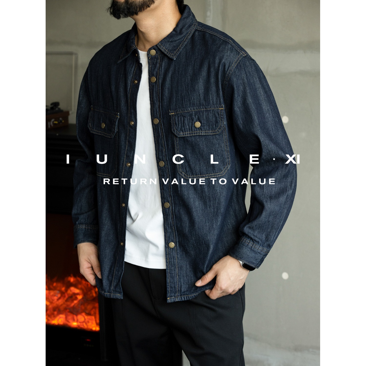 复古港风做旧衬衫硬汉风牛仔外套