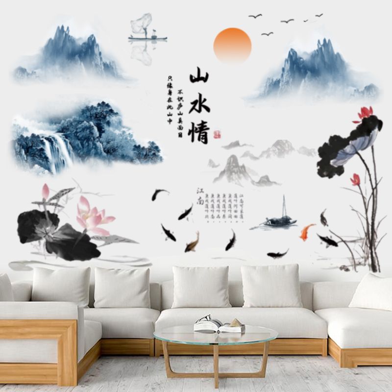 中国风墙贴纸荷花贴画客厅卧室创意墙上装饰品贴画自粘花卉墙贴纸图片