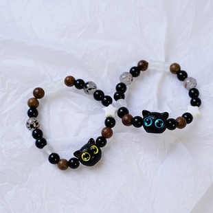 2026时尚2024新款小红书同款呆萌小黑猫手链古风手串可爱复古手饰