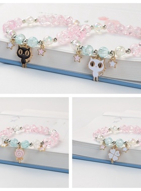 2026时尚简约百搭爆花晶招桃花手链气质甜美个性猫咪五角星弹力