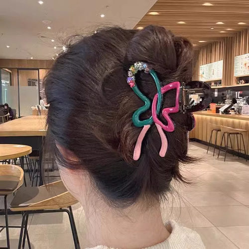 多巴胺水钻蝴蝶结抓夹女精致盘发发抓后脑勺发夹时尚洋气头饰